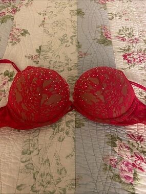 Victoria's Secret Red Lace Push-Up Bra with Rhinestone Detail